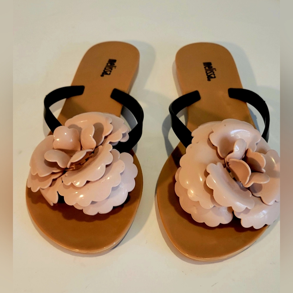 Melissa Women's Harmonoc Pink Floral Thang Sandals Beige/ Black Size 7 - Picture 4 of 7